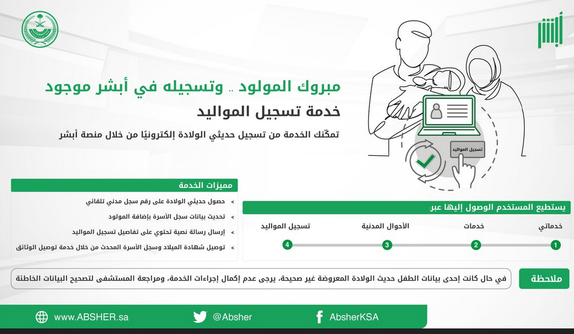 الأحوال المدنية.. خطوات تسجيل المواليد عبر منصة أبشر الإلكترونية - سعودية  نيوز