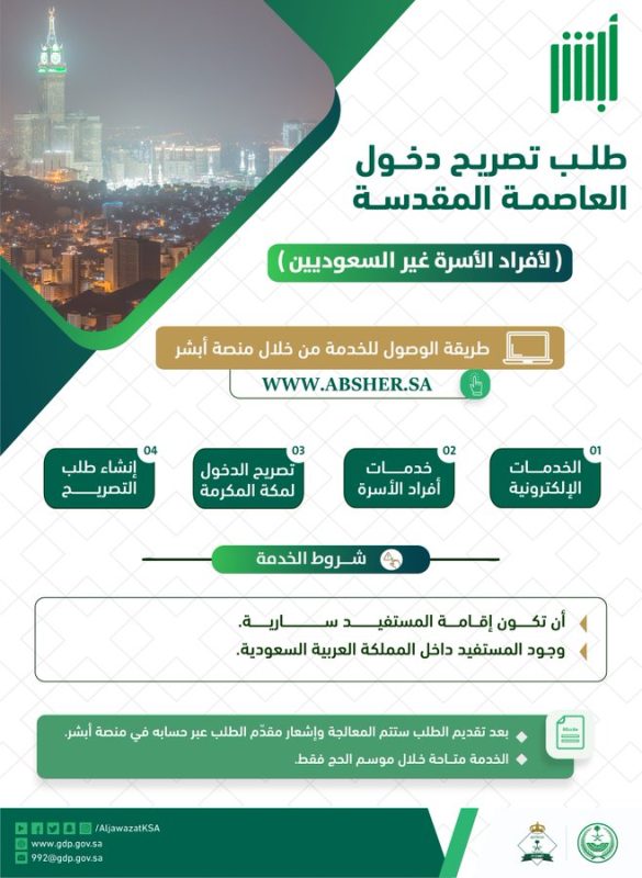 كيفية إصدار تصريح دخول العاصمة المقدسة لأفراد الأسرة غير السعوديين